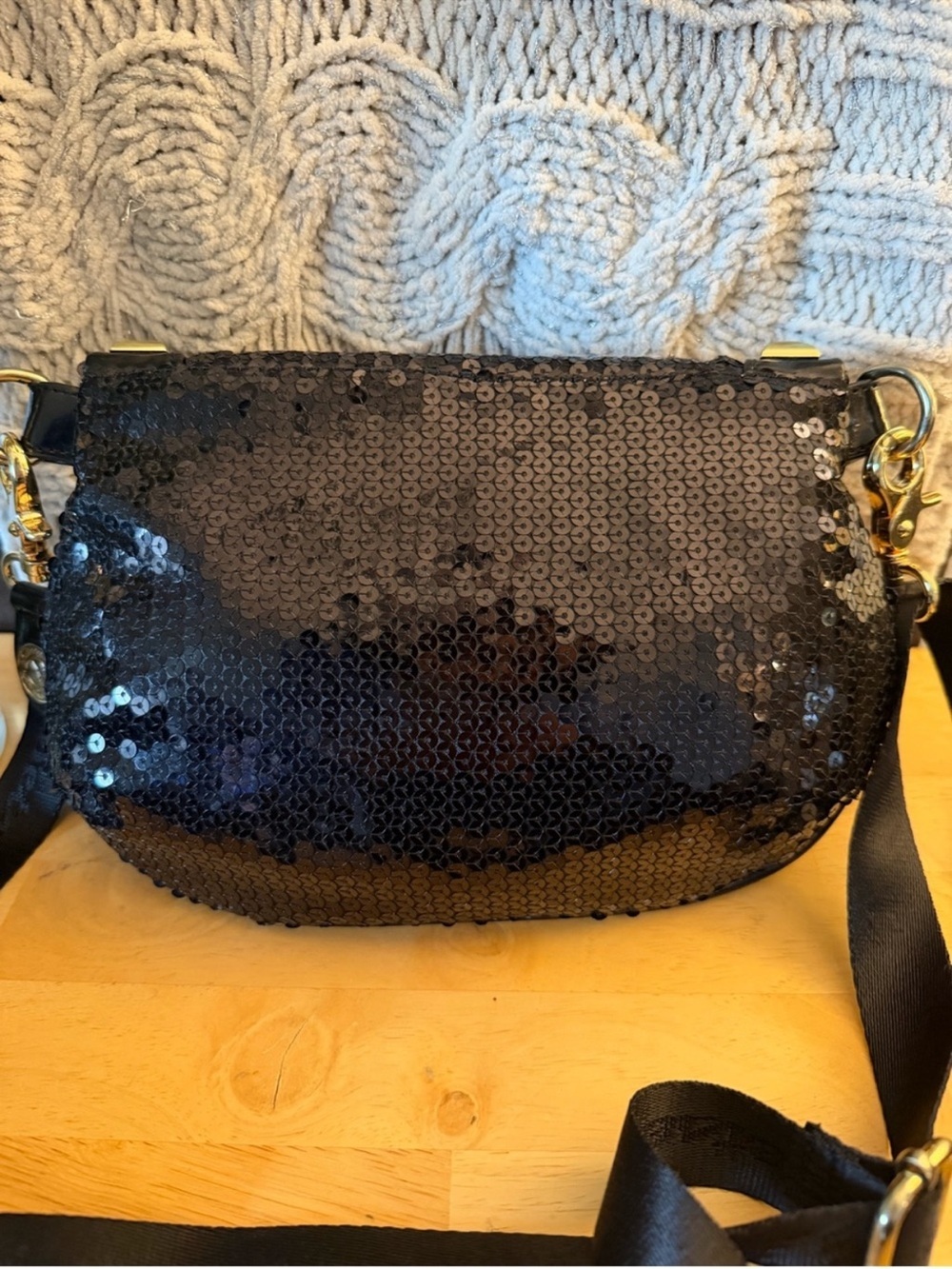 Betsey Johnson Black Sequin Crossbody with Gold Studs - Picture 2 of 5
